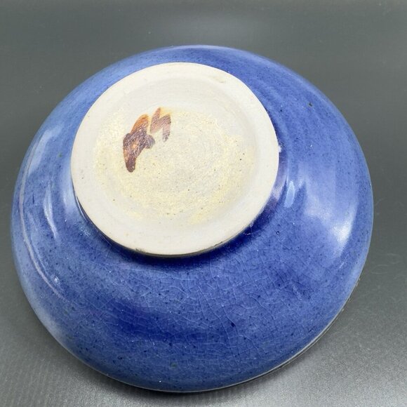 Hand Made Pottery Flower Frog Dish Container Vase Artist Signed Blue Glazed VTG - Picture 4 of 12
